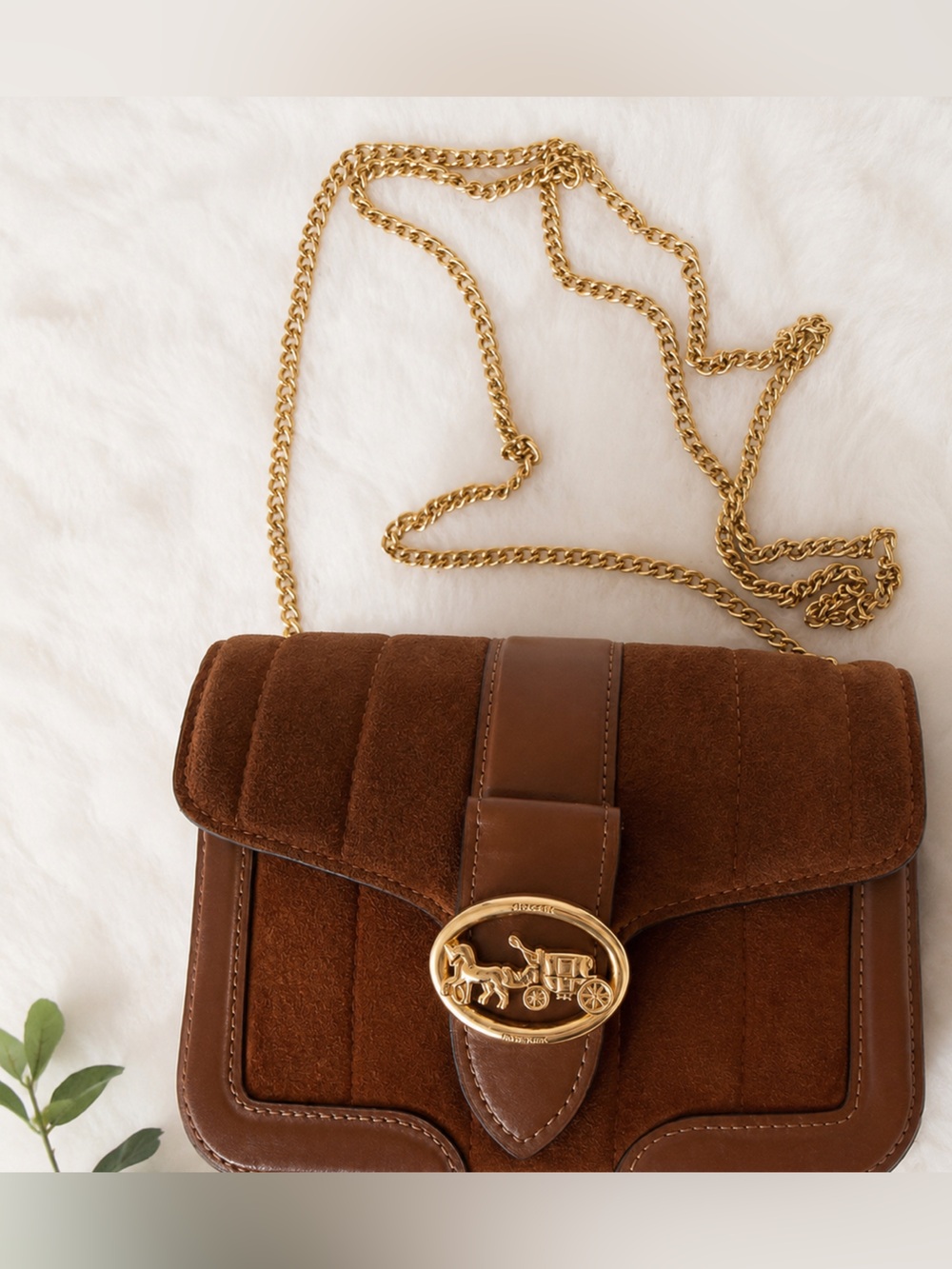 Coach Brown Suede Crossbody with Gold Chain